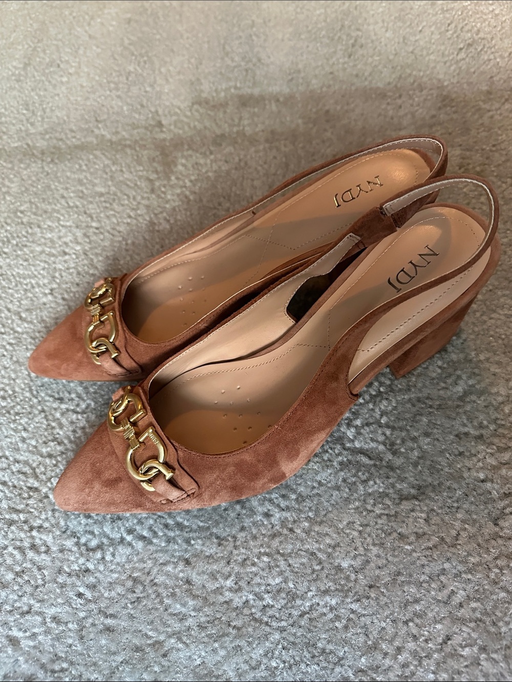 NYDJ Women's Slingback Heel Shoes Sanya Denim Elastic Size 7.5 brown